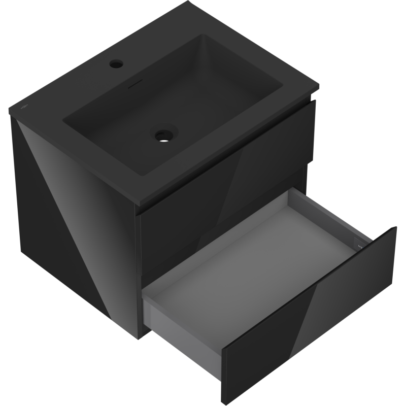 Mexen Orio Badezimmerschrank 60 cm mit Waschbecken Otis, 2 Schubladen, Schwarz glänzend/Schwarz matt