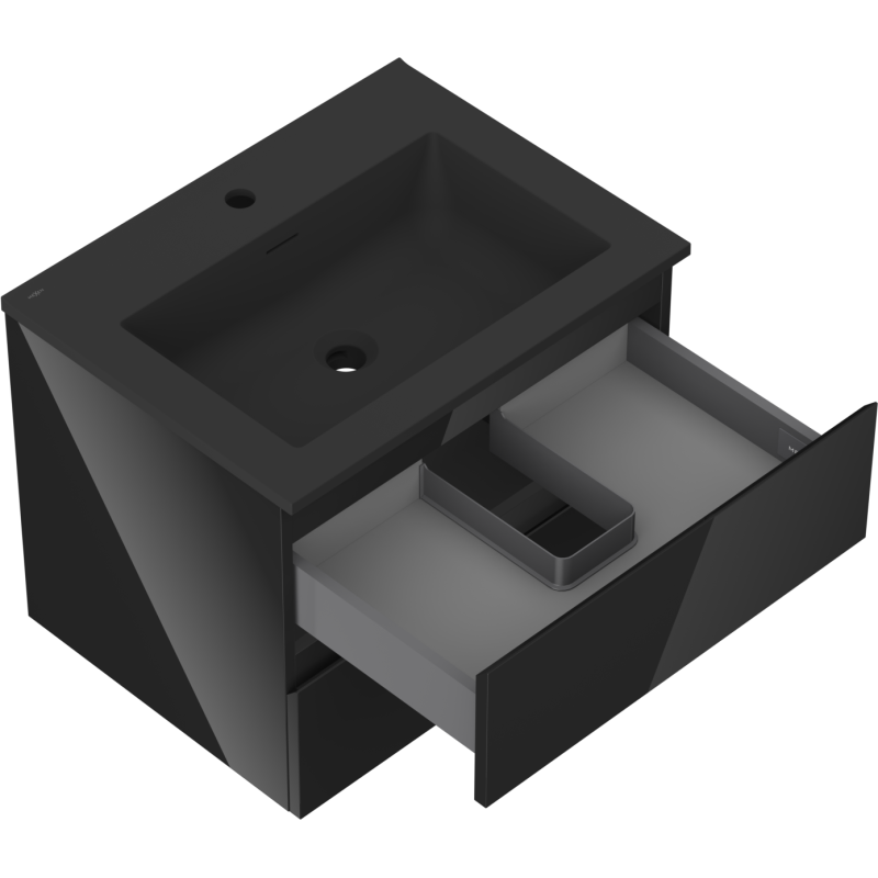 Mexen Orio Badezimmerschrank 60 cm mit Waschbecken Otis, 2 Schubladen, Schwarz glänzend/Schwarz matt
