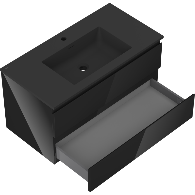 Mexen Orio Badezimmerschrank 90 cm mit Waschbecken Otis, 2 Schubladen, Schwarz Hochglanz/Schwarz Matt