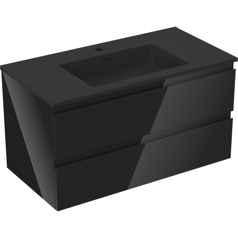 Mexen Orio Badezimmerschrank 90 cm mit Waschbecken Otis, 2 Schubladen, Schwarz Hochglanz/Schwarz Matt