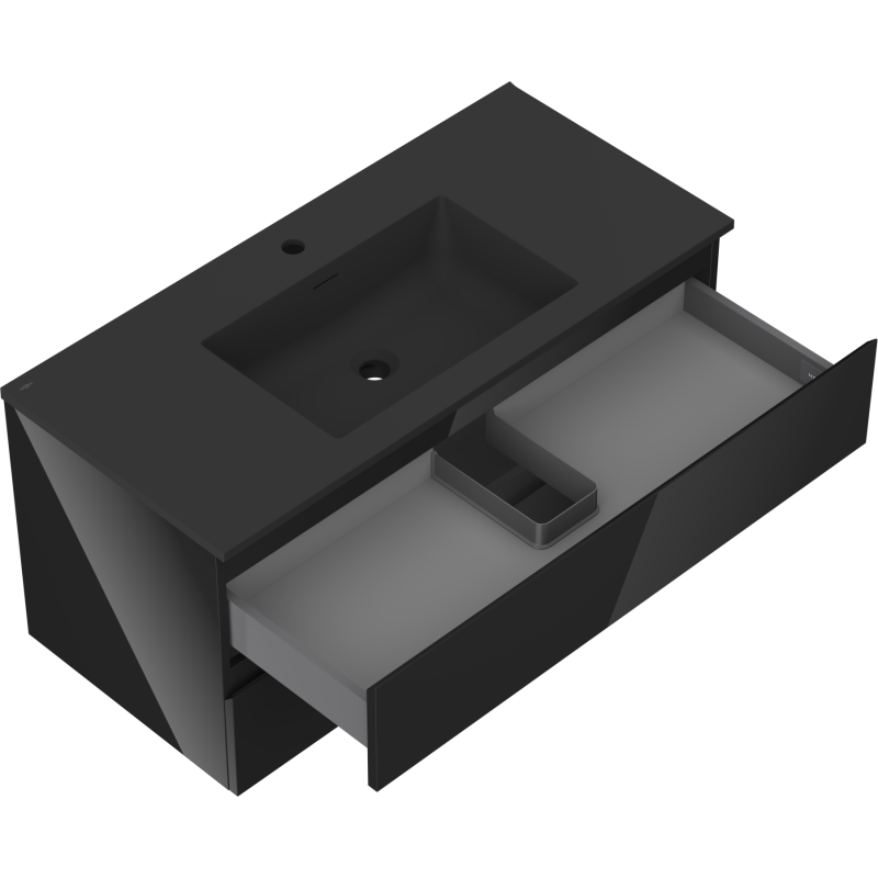 Mexen Orio Badezimmerschrank 100 cm mit Waschbecken Otis, 2 Schubladen, Schwarz Glanz/Schwarz Matt - 91A10-10047-2-BFF70-W18M71