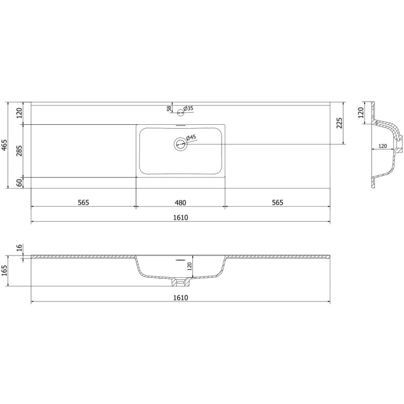 Mexen Orio Badezimmerschrank 160 cm mit Waschbecken Otis, 2 Schubladen, grau matt/weiß matt - 91A10-16047-2-BFF62-W18M01