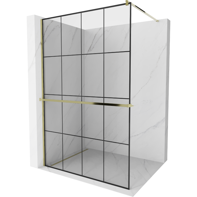 Mexen Kioto+ Duschwand mit Regal, Walk-in 130 x 200 cm, schwarzes Gitter, gold - 800-130-121-50-77