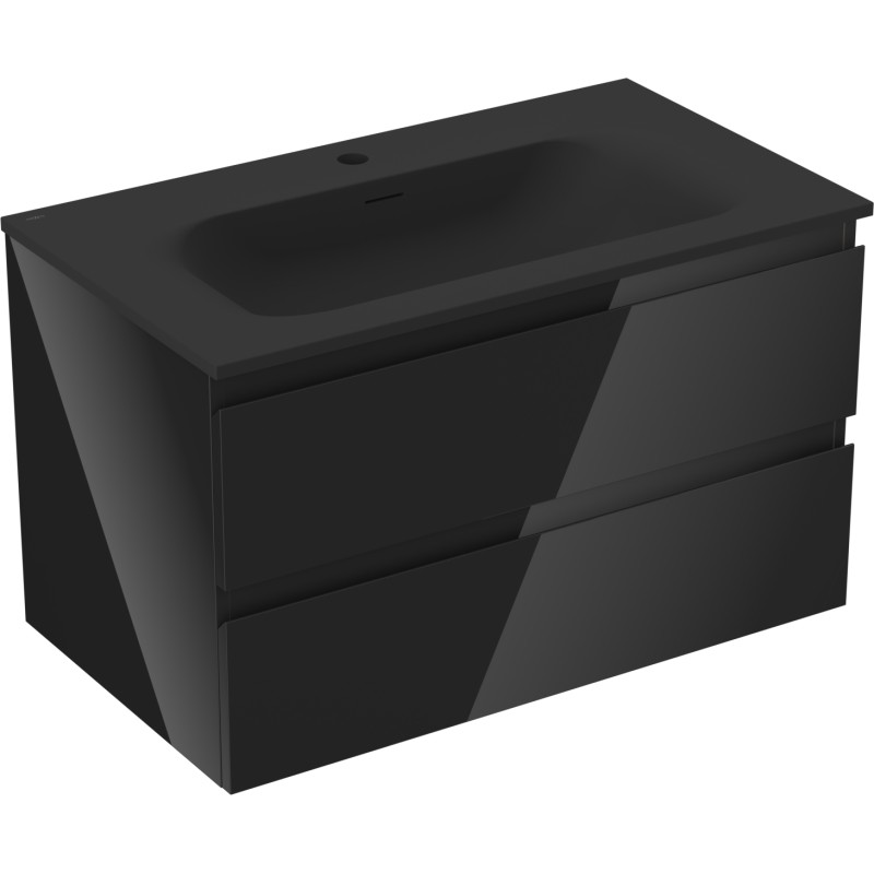 Mexen Orio Badezimmerschrank 80 cm mit Waschbecken Vela, 2 Schubladen, schwarz glänzend/schwarz matt