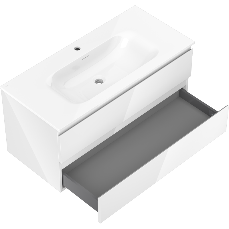 Mexen Orio Badezimmerschrank 100 cm mit Waschbecken Vela, 2 Schubladen, weiß glänzend - 91A10-10047-2-BFF00-W23M00