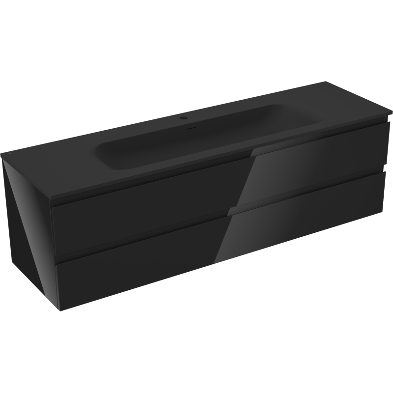 Mexen Orio Badezimmerschrank 160 cm mit Waschbecken Vela, 2 Schubladen, schwarz Hochglanz/schwarz matt