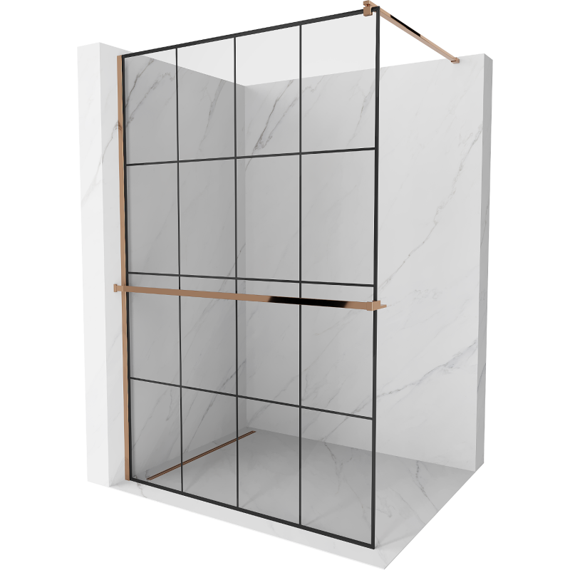 Mexen Kioto+ Duschwand mit Ablage Walk-in 130 x 200 cm, schwarzes Gitter, Roségold - 800-130-121-60-77