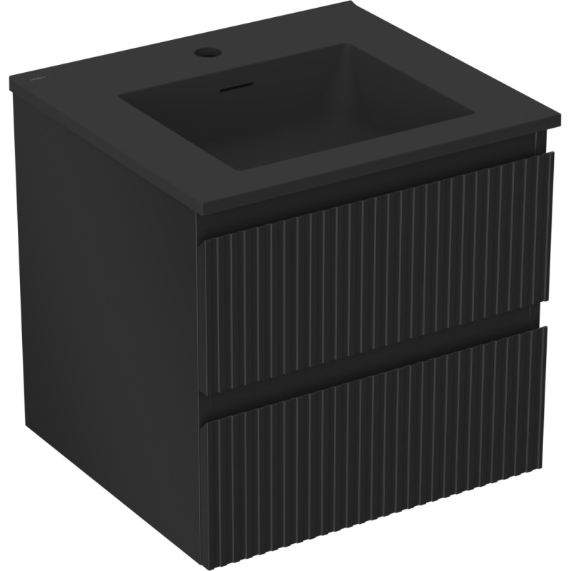 Mexen Rivel Badezimmerschrank 50 cm mit Waschbecken Otis, 2 Schubladen, geriffelt, Schwarz Matt - 91A20-05047-2-BFF71-W18M71