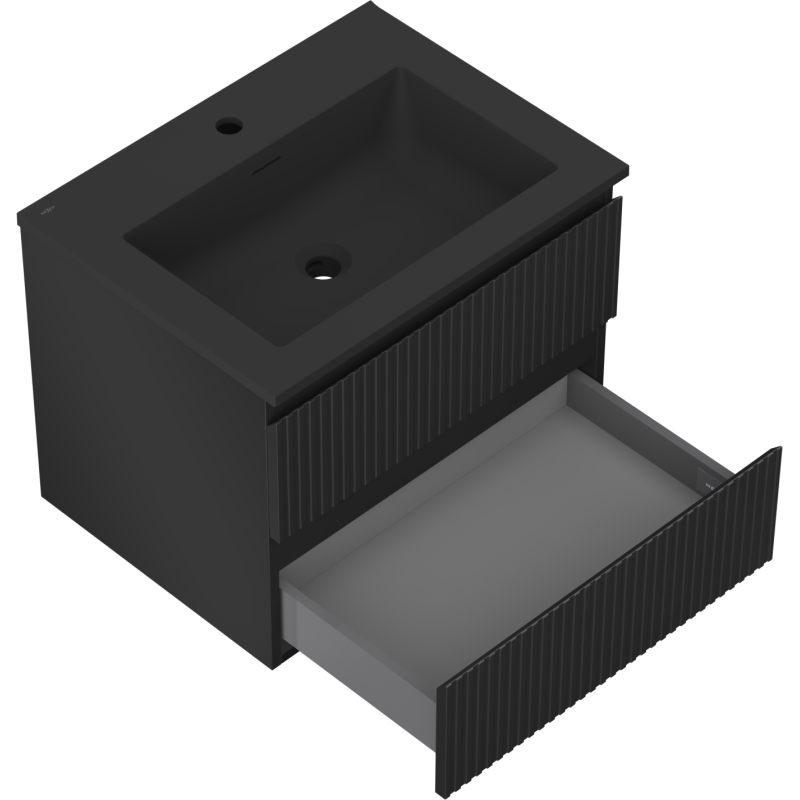 Mexen Rivel Badezimmerschrank 60 cm mit Waschbecken Otis, 2 Schubladen, gerillt, schwarz matt - 91A20-06047-2-BFF71-W18M71