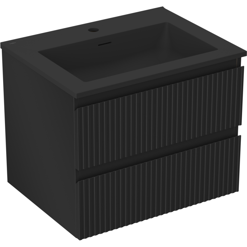 Mexen Rivel Badezimmerschrank 60 cm mit Waschbecken Otis, 2 Schubladen, gerillt, schwarz matt - 91A20-06047-2-BFF71-W18M71
