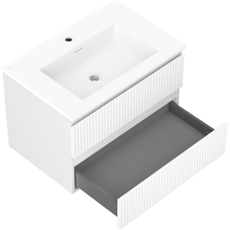 Mexen Rivel Badezimmerschrank 70 cm mit Waschbecken Otis, 2 Schubladen, geriffelt, weiß matt - 91A20-07047-2-BFF01-W18M01