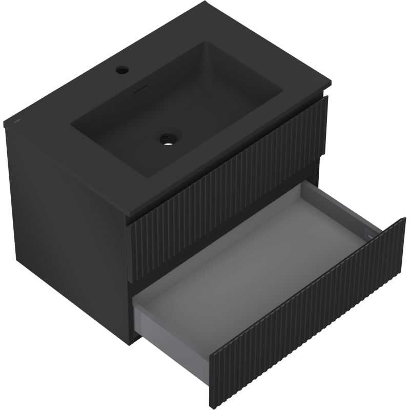 Mexen Rivel Badezimmerschrank 70 cm mit Waschbecken Otis, 2 Schubladen, geriffelt, schwarz matt - 91A20-07047-2-BFF71-W18M71