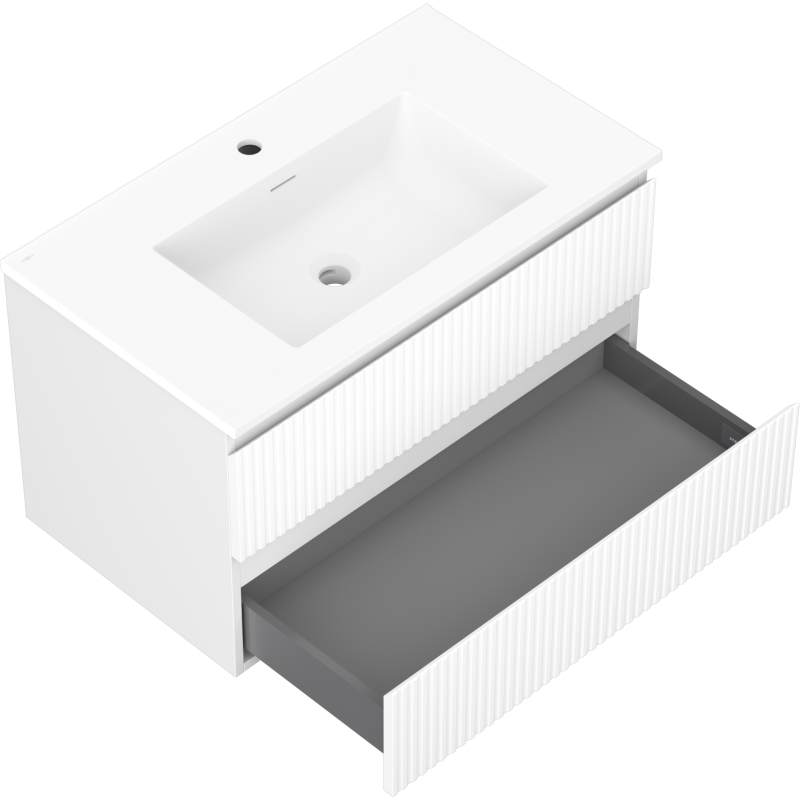 Mexen Rivel Badezimmerschrank 80 cm mit Waschbecken Otis, 2 Schubladen, geriffelt, weiß matt - 91A20-08047-2-BFF01-W18M01