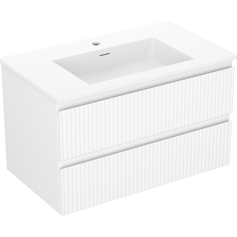 Mexen Rivel Badezimmerschrank 80 cm mit Waschbecken Otis, 2 Schubladen, geriffelt, weiß matt - 91A20-08047-2-BFF01-W18M01