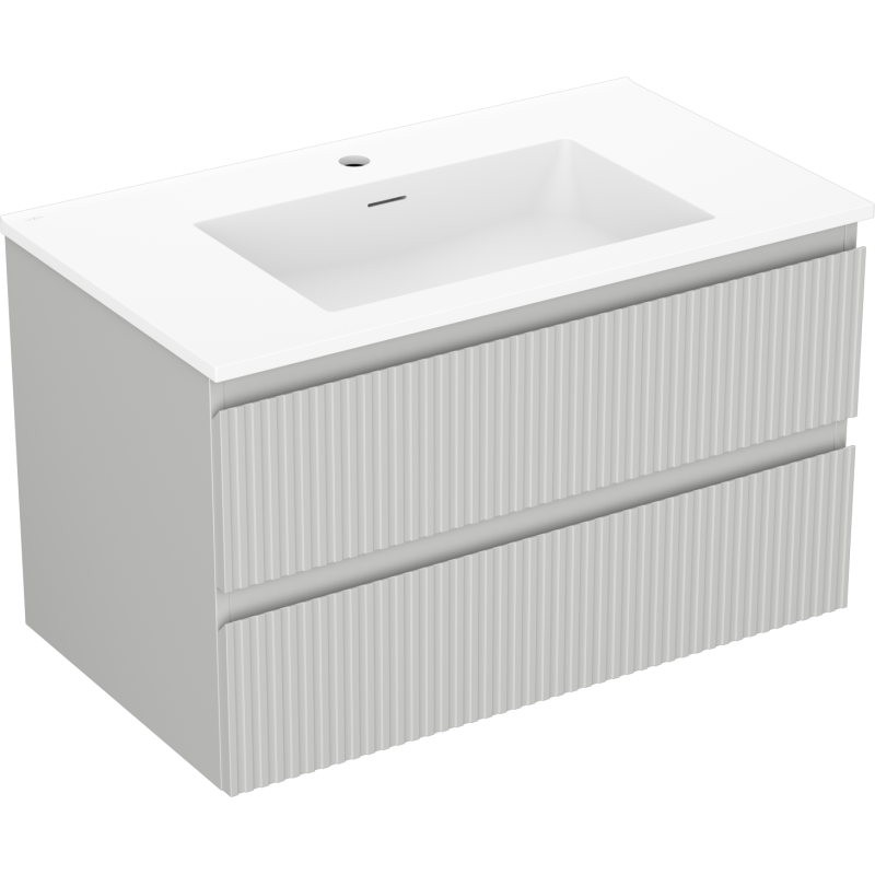 Mexen Rivel Badezimmerschrank 80 cm mit Waschbecken Otis, 2 Schubladen, gerillt, grau matt/weiß matt