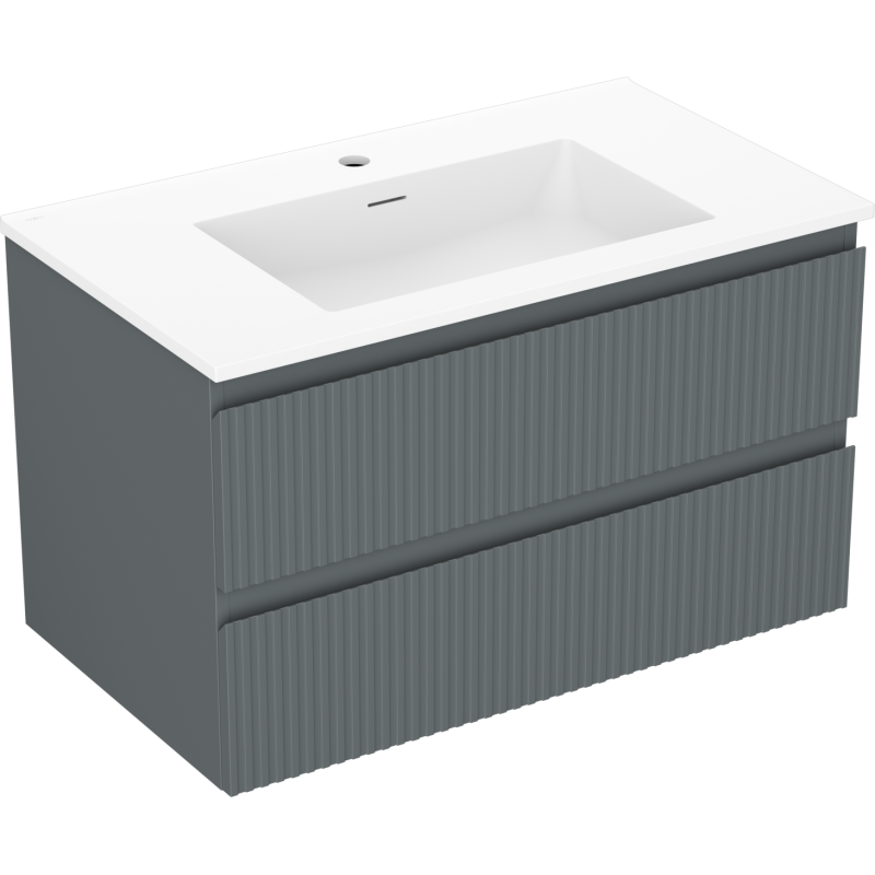 Mexen Rivel Badezimmerschrank 80 cm mit Waschbecken Otis, 2 Schubladen, gerillt, Graphit matt/Weiß matt -
