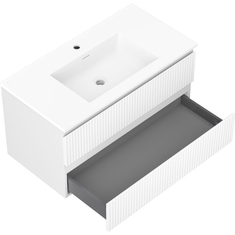 Mexen Rivel Badezimmerunterschrank 90 cm mit Waschbecken Otis, 2 Schubladen, geriffelt, weiß matt - 91A20-09047-2-BFF01-W18M01