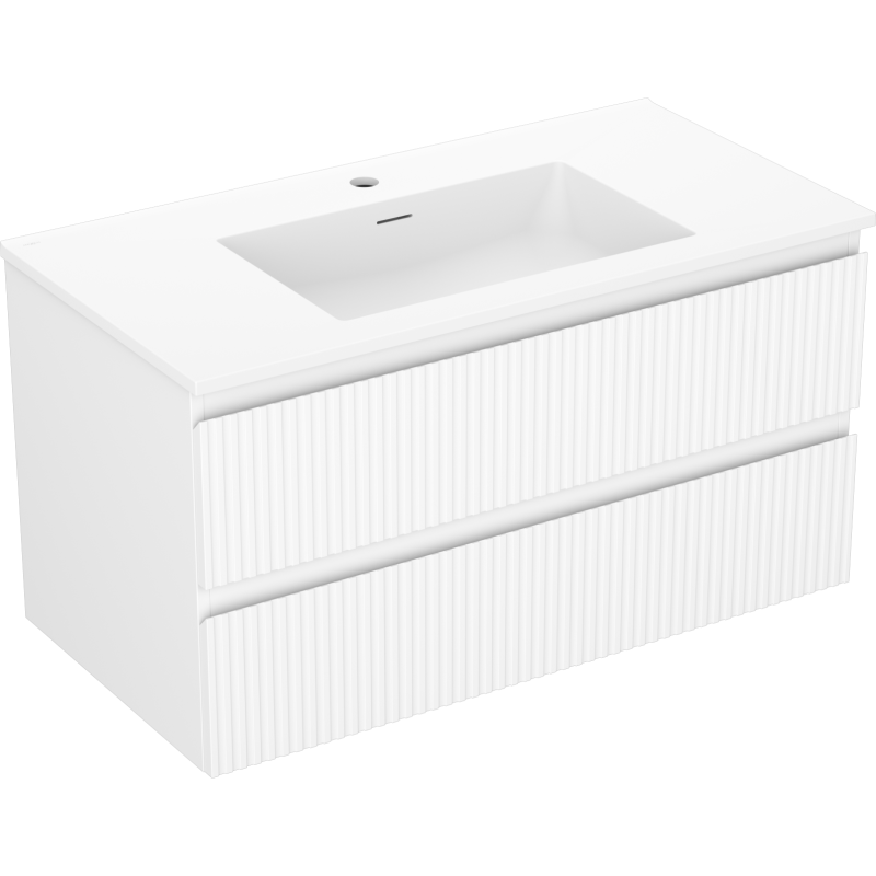 Mexen Rivel Badezimmerunterschrank 90 cm mit Waschbecken Otis, 2 Schubladen, geriffelt, weiß matt - 91A20-09047-2-BFF01-W18M01