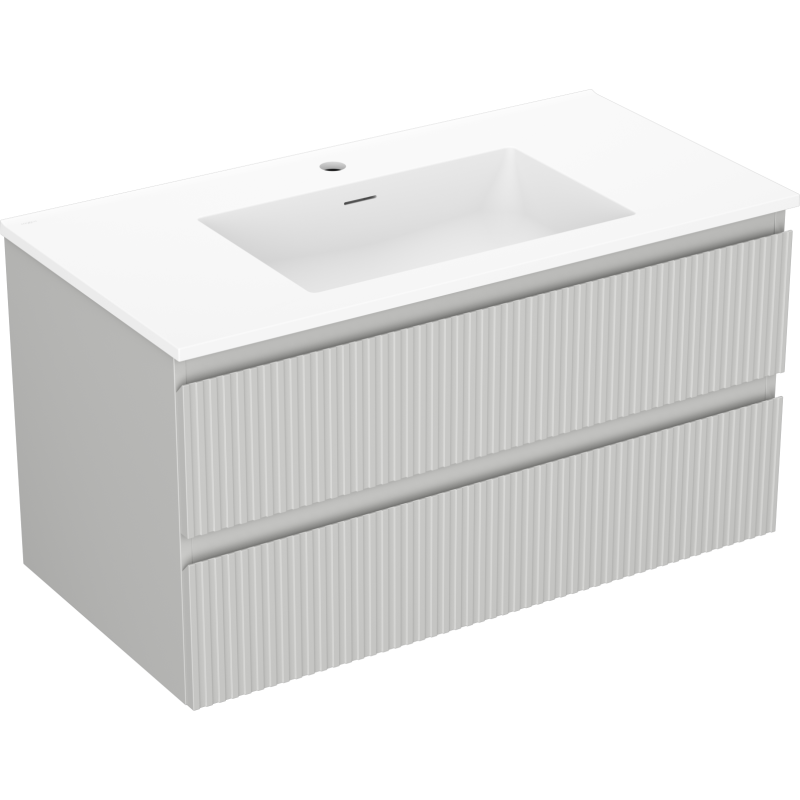 Mexen Rivel Badezimmerschrank 90 cm mit Waschbecken Otis, 2 Schubladen, gerillt, grau matt/weiß matt