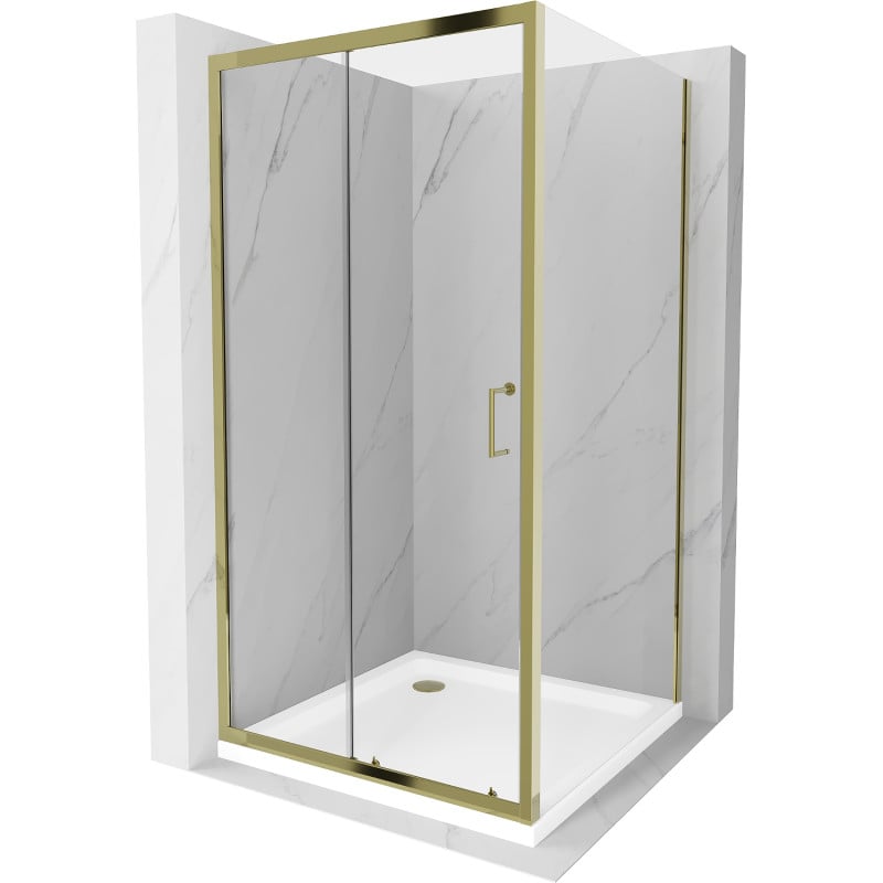 Mexen Apia Duschkabine, Schiebetür, 100 x 100 cm, transparent, gold + Duschwanne Flat, weiß- 840-100-100-50-00-4010G