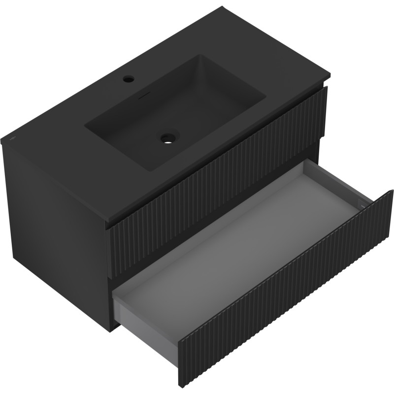 Mexen Rivel Badezimmerschrank 90 cm mit Waschbecken Otis, 2 Schubladen, geriffelt, Schwarz matt - 91A20-09047-2-BFF71-W18M71