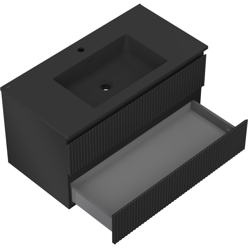 Mexen Rivel Badezimmerschrank 90 cm mit Waschbecken Otis, 2 Schubladen, gerillt, schwarz matt - 91A20-09047-2-BFF71-W18M71