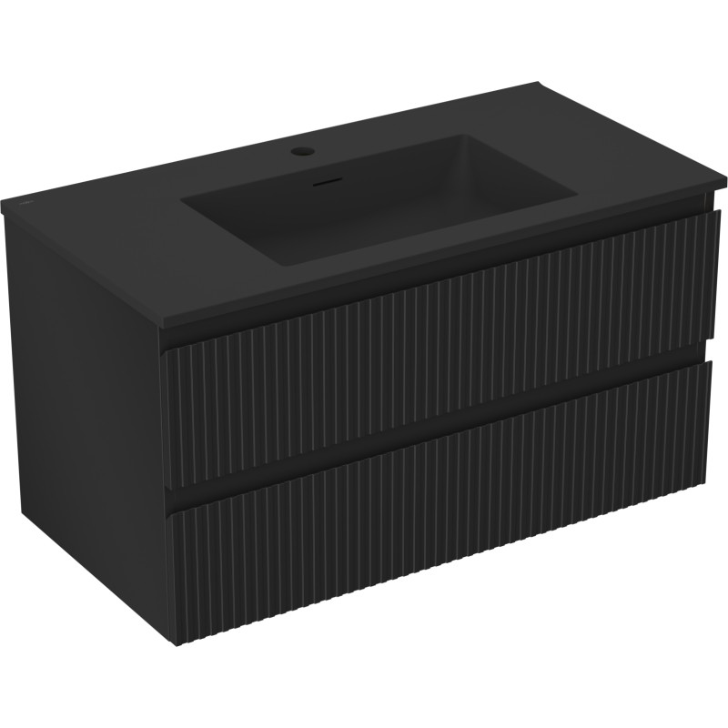 Mexen Rivel Badezimmerschrank 90 cm mit Waschbecken Otis, 2 Schubladen, geriffelt, Schwarz matt - 91A20-09047-2-BFF71-W18M71
