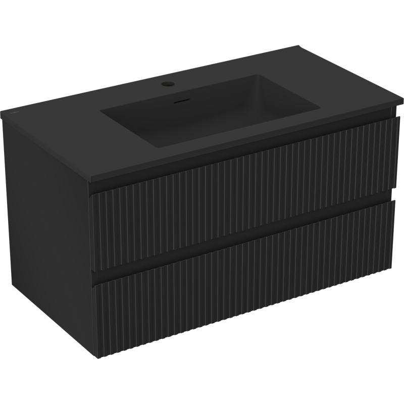 Mexen Rivel Badezimmerschrank 90 cm mit Waschbecken Otis, 2 Schubladen, gerillt, schwarz matt - 91A20-09047-2-BFF71-W18M71