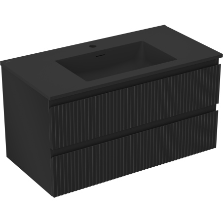 Mexen Rivel Badezimmerschrank 90 cm mit Waschbecken Otis, 2 Schubladen, geriffelt, Schwarz matt - 91A20-09047-2-BFF71-W18M71