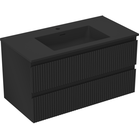 Mexen Rivel Badezimmerschrank 90 cm mit Waschbecken Otis, 2 Schubladen, gerillt, schwarz matt - 91A20-09047-2-BFF71-W18M71