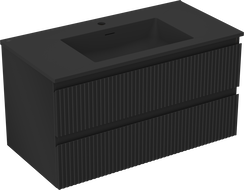 Mexen Rivel Badezimmerschrank 90 cm mit Waschbecken Otis, 2 Schubladen, geriffelt, Schwarz matt - 91A20-09047-2-BFF71-W18M71