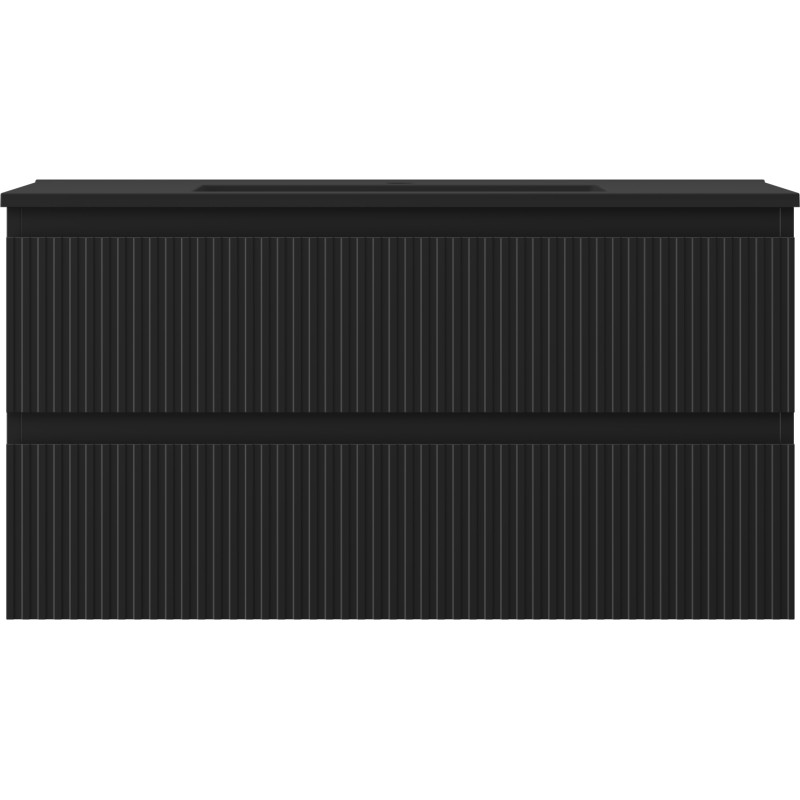 Mexen Rivel Badezimmerschrank 90 cm mit Waschbecken Otis, 2 Schubladen, geriffelt, Schwarz matt - 91A20-09047-2-BFF71-W18M71