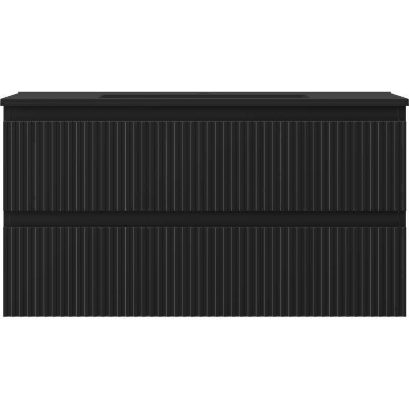 Mexen Rivel Badezimmerschrank 90 cm mit Waschbecken Otis, 2 Schubladen, gerillt, schwarz matt - 91A20-09047-2-BFF71-W18M71