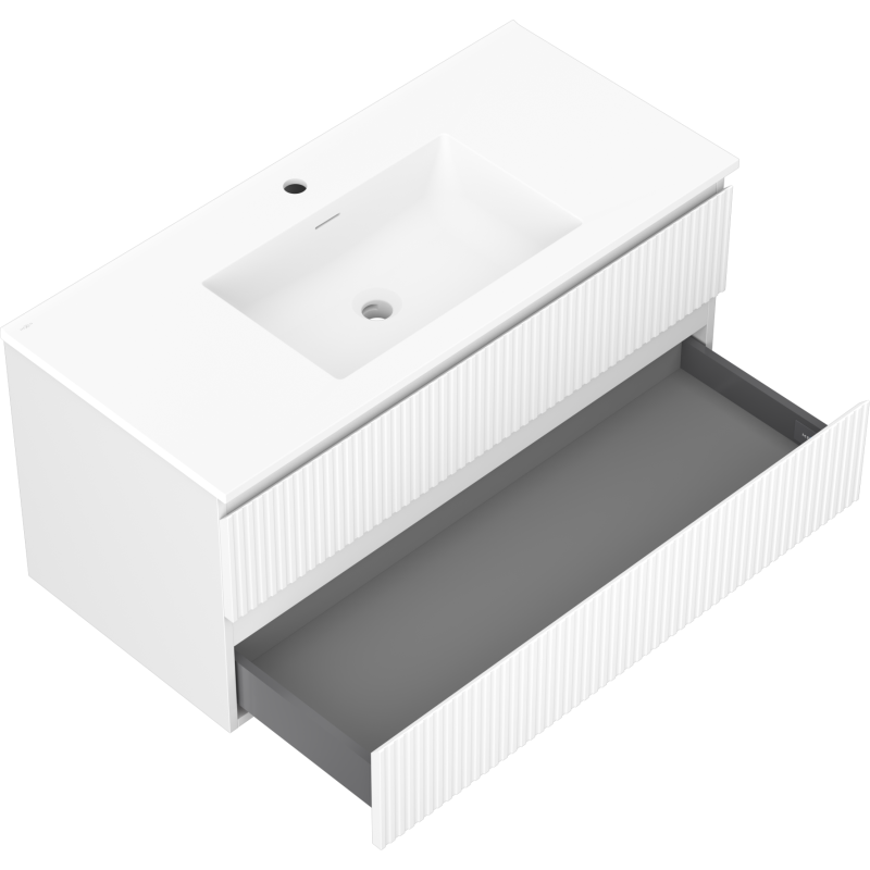 Mexen Rivel Badezimmerschrank 100 cm mit Waschbecken Otis, 2 Schubladen, geriffelt, weiß matt - 91A20-10047-2-BFF01-W18M01