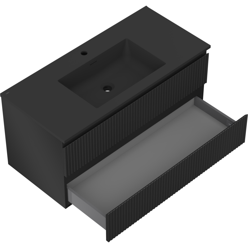 Mexen Rivel Badezimmerschrank 100 cm mit Waschbecken Otis, 2 Schubladen, geriffelt, schwarz matt - 91A20-10047-2-BFF71-W18M71