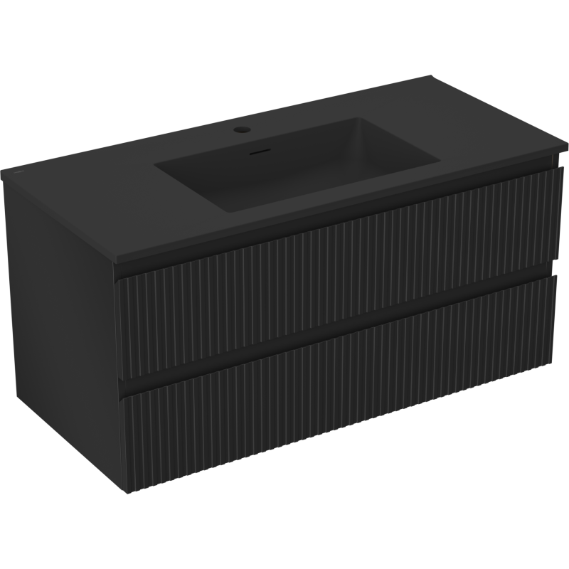 Mexen Rivel Badezimmerschrank 100 cm mit Waschbecken Otis, 2 Schubladen, geriffelt, schwarz matt - 91A20-10047-2-BFF71-W18M71