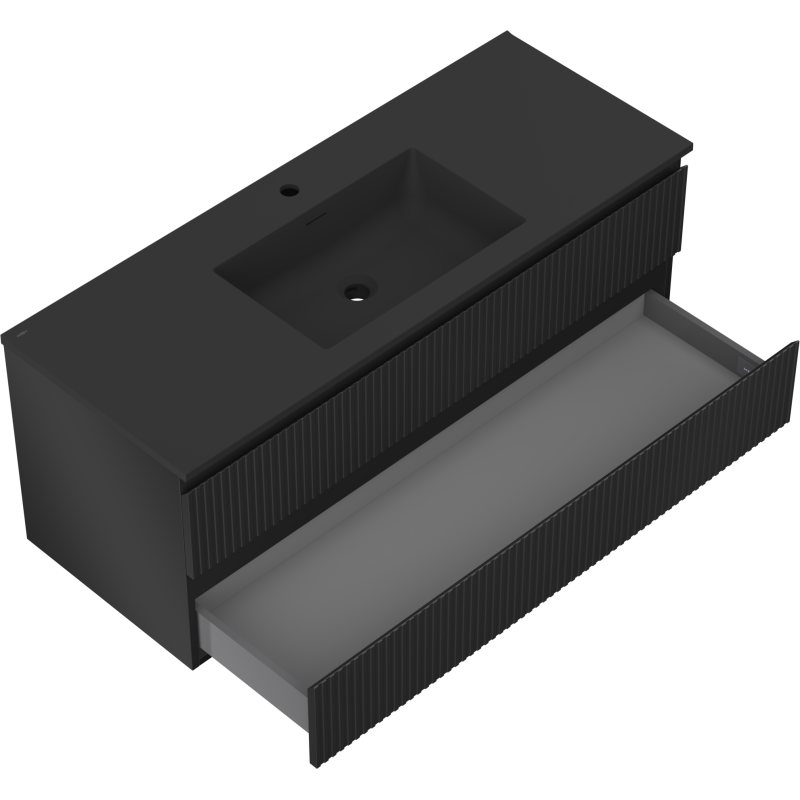 Mexen Rivel Badezimmerschrank 120 cm mit Waschbecken Otis, 2 Schubladen, geriffelt, schwarz matt - 91A20-12047-2-BFF71-W18M71