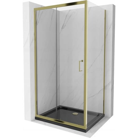 Mexen Apia Duschkabine Schiebetür 90 x 100 cm, transparent, gold + Duschwanne Flat, schwarz - 840-090-100-50-00-4070G