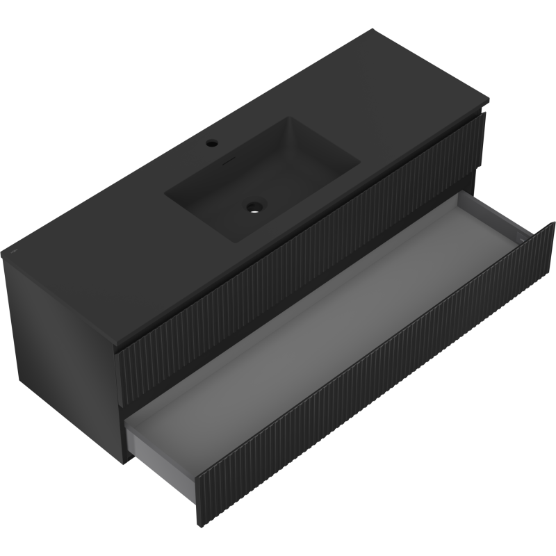 Mexen Rivel Badezimmerschrank 140 cm mit Waschbecken Otis, 2 Schubladen, gerillt, schwarz matt - 91A20-14047-2-BFF71-W18M71