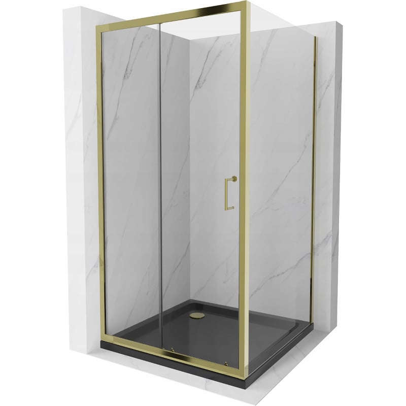 Mexen Apia Duschkabine Schiebetür 100 x 100 cm, transparent, gold + Duschwanne Flat, schwarz - 840-100-100-50-00-4070G