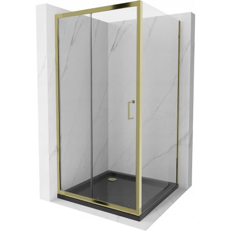 Mexen Apia Duschkabine Schiebetür 100 x 100 cm, transparent, gold + Duschwanne Flat, schwarz - 840-100-100-50-00-4070G