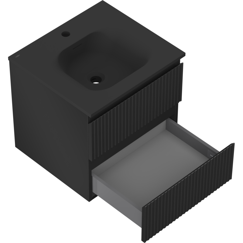 Mexen Rivel Badezimmerschrank 50 cm mit Waschbecken Vela, 2 Schubladen, gerillt, schwarz matt - 91A20-05047-2-BFF71-W23M71
