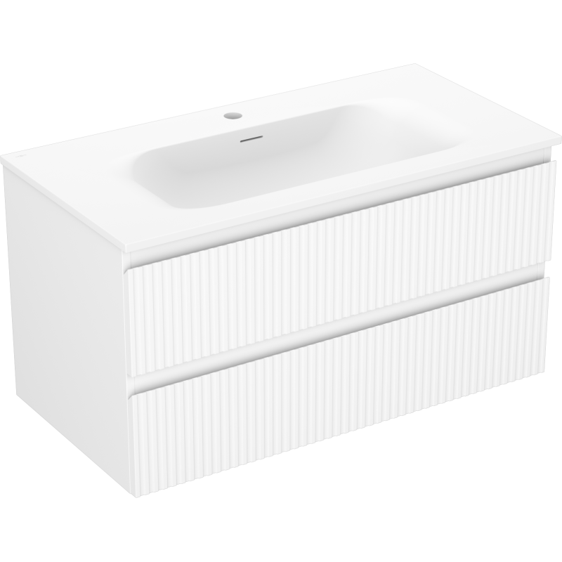Mexen Rivel Badezimmerschrank 90 cm mit Waschbecken Vela, 2 Schubladen, geriffelt, weiß matt - 91A20-09047-2-BFF01-W23M01