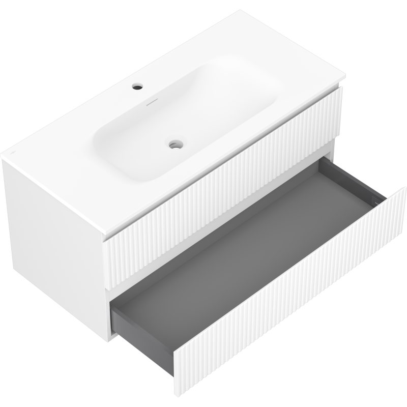 Mexen Rivel Badezimmerschrank 100 cm mit Waschbecken Vela, 2 Schubladen, geriffelt, weiß matt - 91A20-10047-2-BFF01-W23M01