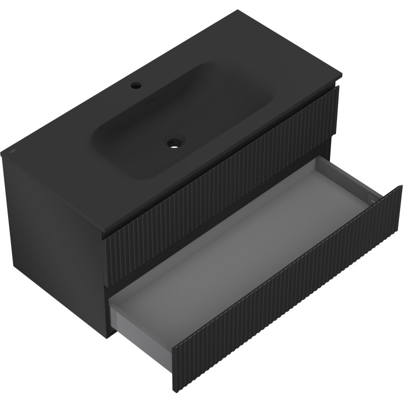 Mexen Rivel Badezimmerschrank 100 cm mit Waschbecken Vela, 2 Schubladen, geriffelt, schwarz matt - 91A20-10047-2-BFF71-W23M71