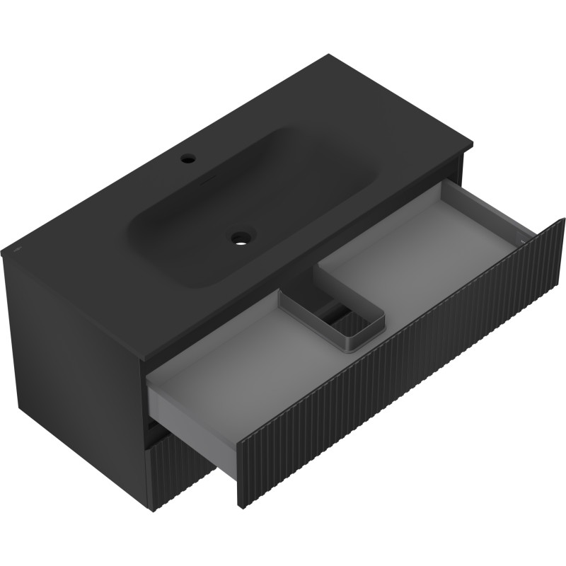 Mexen Rivel Badezimmerschrank 100 cm mit Waschbecken Vela, 2 Schubladen, geriffelt, schwarz matt - 91A20-10047-2-BFF71-W23M71