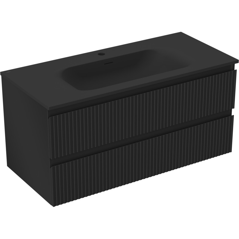 Mexen Rivel Badezimmerschrank 100 cm mit Waschbecken Vela, 2 Schubladen, geriffelt, schwarz matt - 91A20-10047-2-BFF71-W23M71