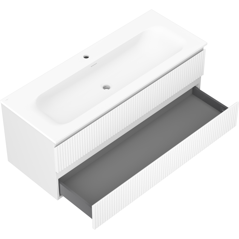 Mexen Rivel Badezimmerschrank 120 cm mit Waschbecken Vela, 2 Schubladen, geriffelt, weiß matt - 91A20-12047-2-BFF01-W23M01