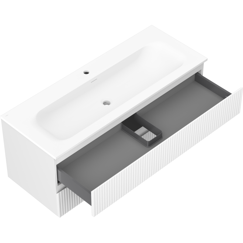 Mexen Rivel Badezimmerschrank 120 cm mit Waschbecken Vela, 2 Schubladen, geriffelt, weiß matt - 91A20-12047-2-BFF01-W23M01