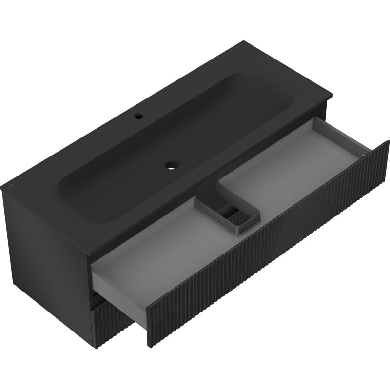 Mexen Rivel Badezimmerschrank 120 cm mit Waschbecken Vela, 2 Schubladen, geriffelt, schwarz matt - 91A20-12047-2-BFF71-W23M71